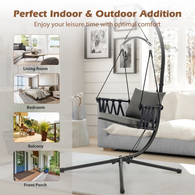 Gray hanging swing chair with stand, featuring soft cushions and a reinforced metal frame, ideal for indoor and outdoor.
