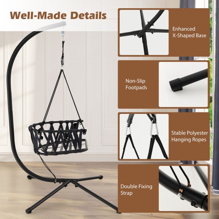 Gray hanging swing chair with reinforced metal stand, featuring anti-slip footpads and a comfortable woven backrest.
