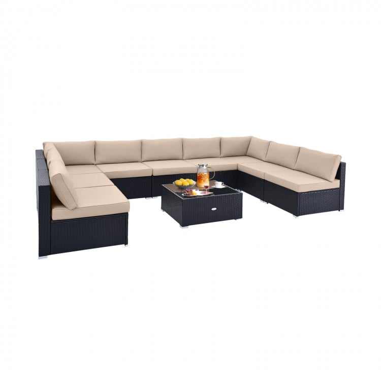 L-shaped 10 piece outdoor wicker conversation set with beige cushions, featuring a tempered glass tabletop for.