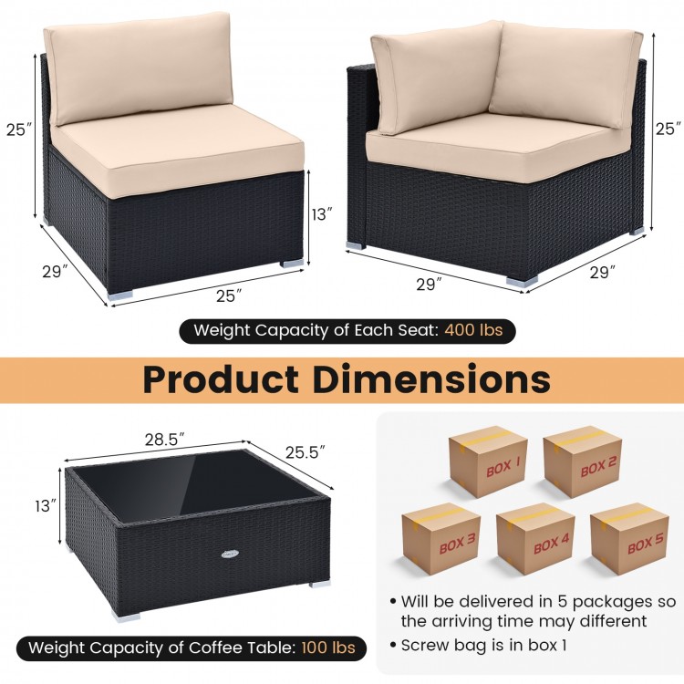 Beige seat and back cushions on a 10-piece outdoor wicker conversation set with a tempered glass tabletop.