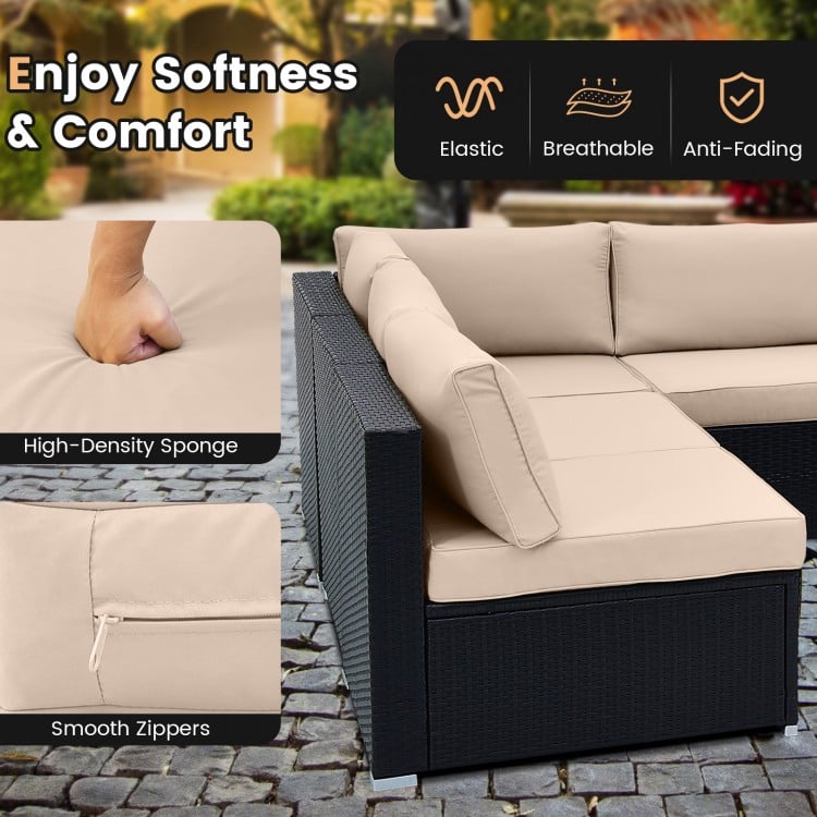 L-shaped outdoor wicker conversation set with beige cushions, featuring smooth zippers and high-density sponge for.