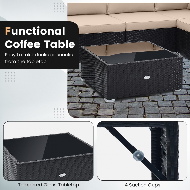 Tempered glass tabletop coffee table with PE rattan design and 4 suction cups for stability, ideal for outdoor use.