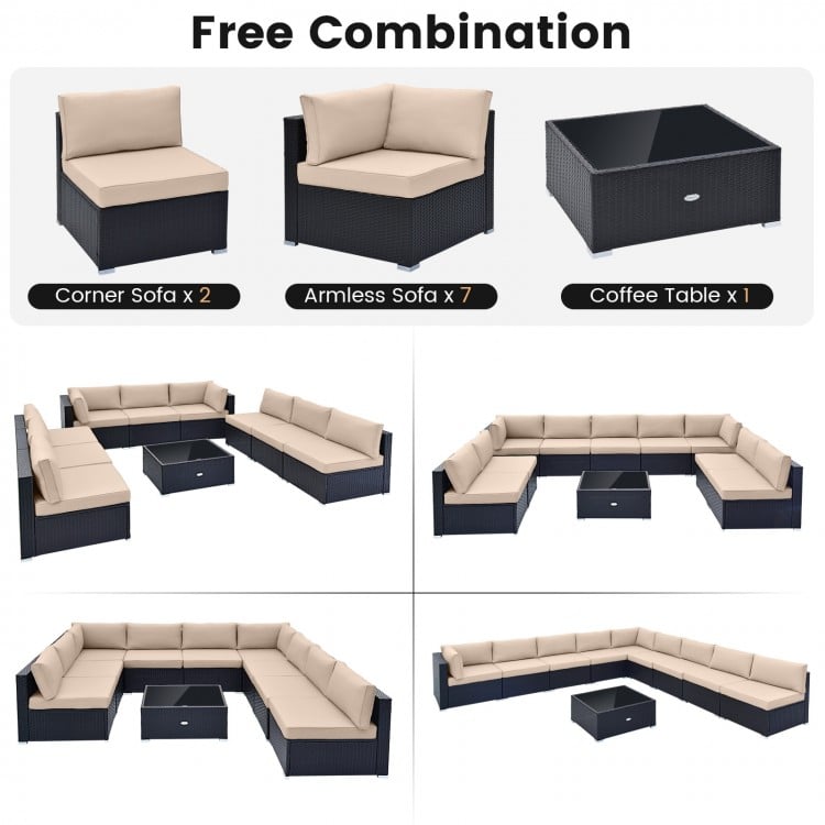 10-piece outdoor wicker conversation set featuring beige cushions, including corner and armless sofas, and a coffee.