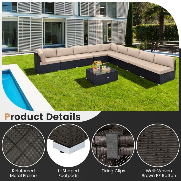 L-shaped 10 piece outdoor wicker conversation set with beige cushions, featuring a durable PE rattan design for patio.