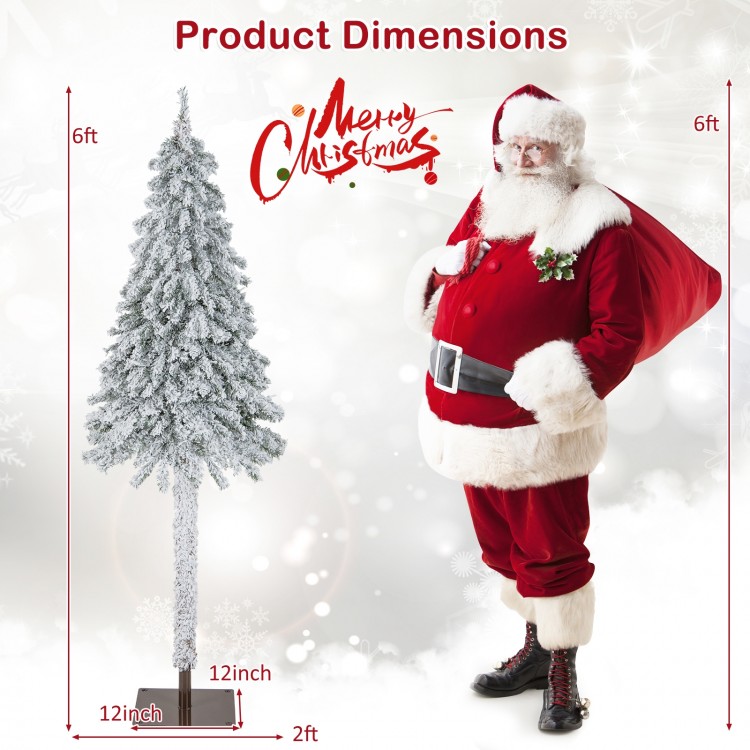 6-foot pre-lit slim pencil Christmas tree with snow-flocked branches, perfect for festive home and office decor.