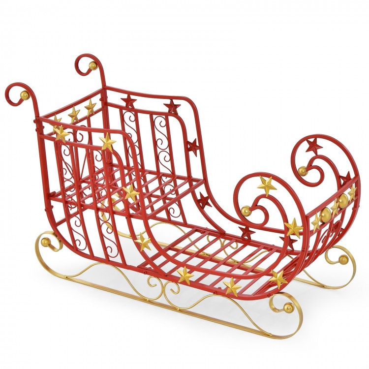 Red metal Christmas Santa sleigh with golden star accents, spacious cargo area for gifts, perfect holiday decor.