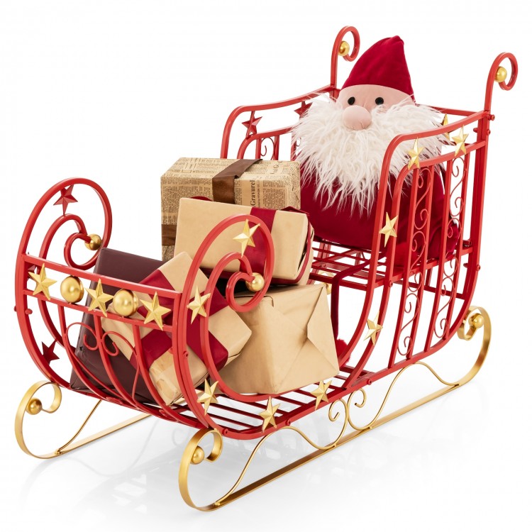 Metal Christmas Santa sleigh with spacious cargo area, featuring golden star accents and a festive Santa for holiday.