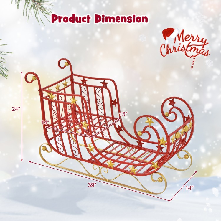 Metal Christmas Santa sleigh with large cargo area, red and gold accents, perfect for holiday decor and gift display.