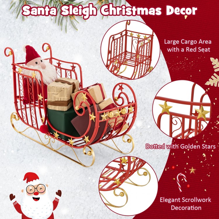 Metal Christmas Santa sleigh with large cargo area, golden star accents, perfect for holiday decor and gift display.