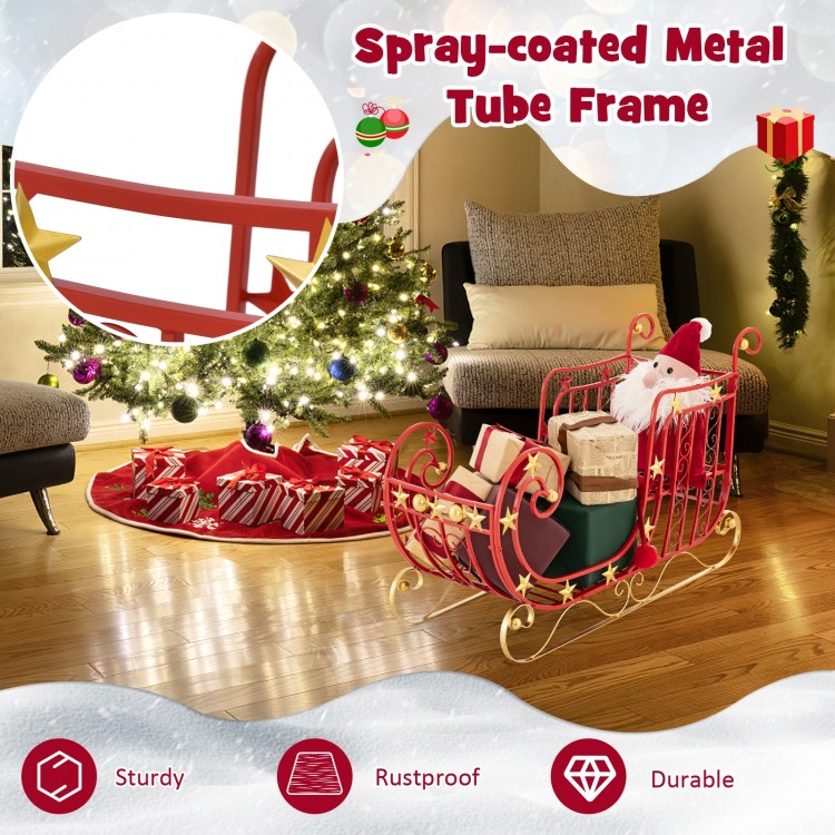Metal Christmas Santa sleigh with a spacious cargo area, sturdy frame, and festive design for holiday decoration.