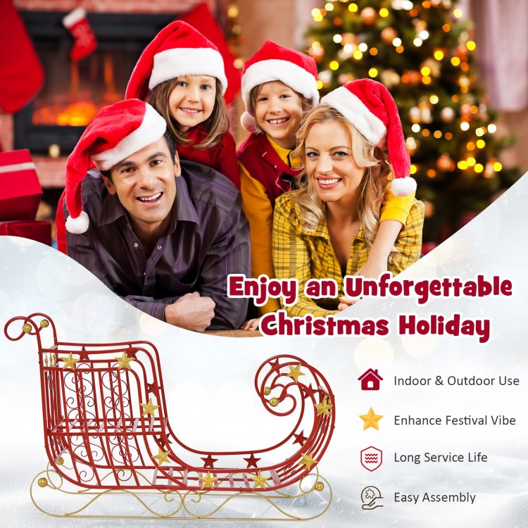 Metal Christmas Santa sleigh with large cargo area, featuring a heavy-duty frame and golden star accents for festive.