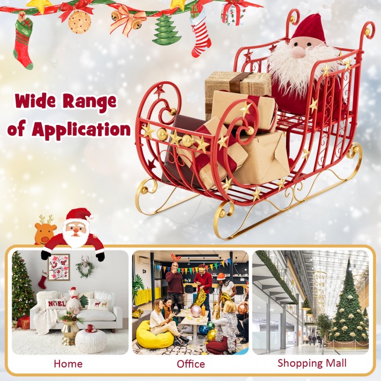 Metal Christmas Santa sleigh with large cargo area, featuring a heavy-duty frame and golden star accents for holiday.