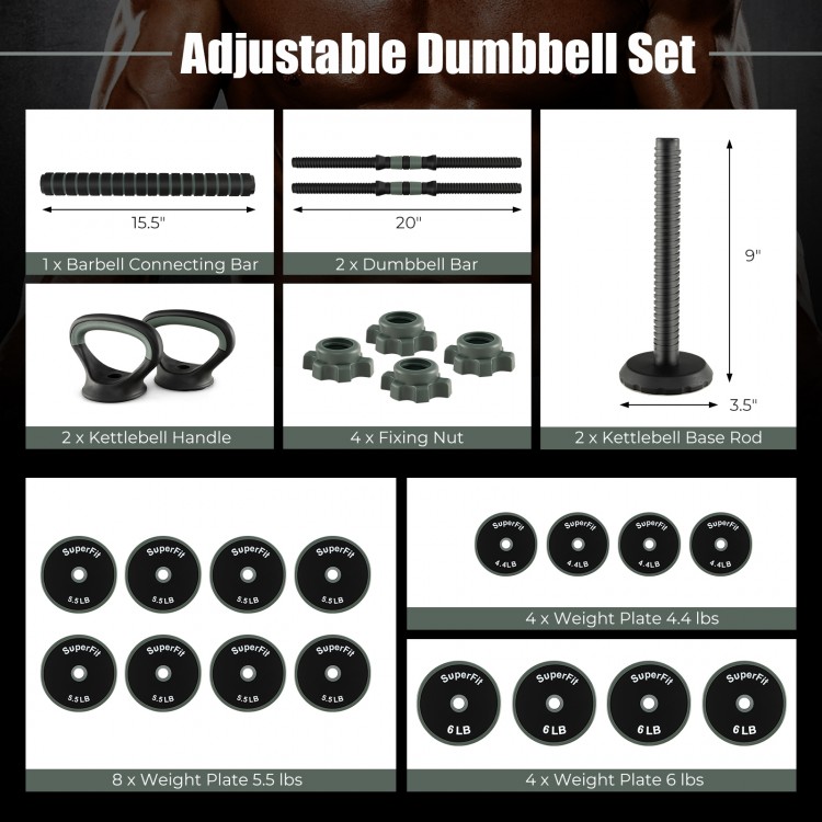 Adjustable dumbbell set with foam-covered rods and 16 weight plates for versatile home workouts and safety.