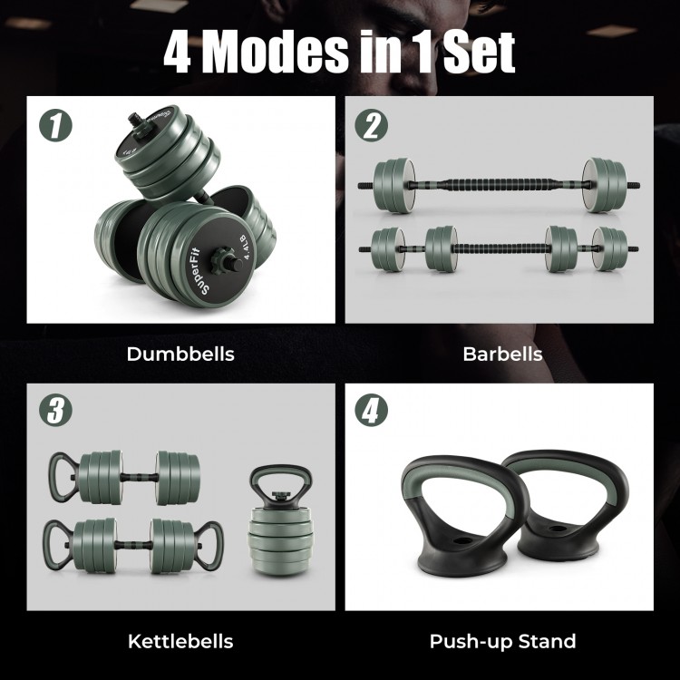 Adjustable 4 in 1 weight set featuring dumbbells, barbells, kettlebells, and push-up stands for versatile home workouts.