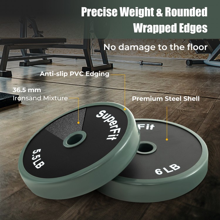Close-up of 6 lb and 5.5 lb weight plates with rounded edges and anti-slip PVC edging for safe home workouts.