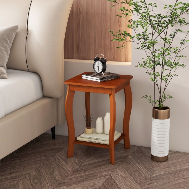Square end table in walnut finish with sturdy rubber wood legs and a bottom shelf for storage, perfect for small spaces.