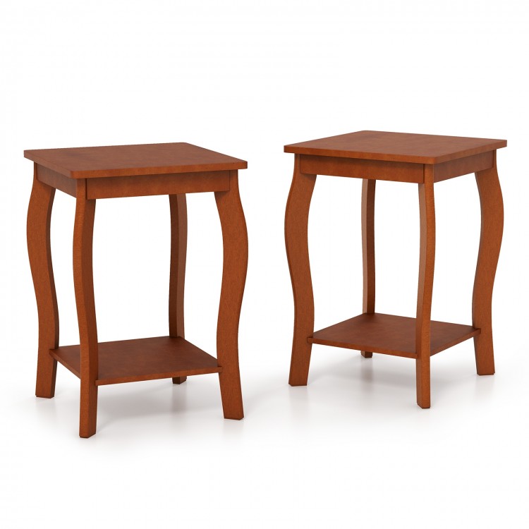 Set of 2 walnut 15-inch square end tables with storage shelf, perfect for living room or bedroom use.