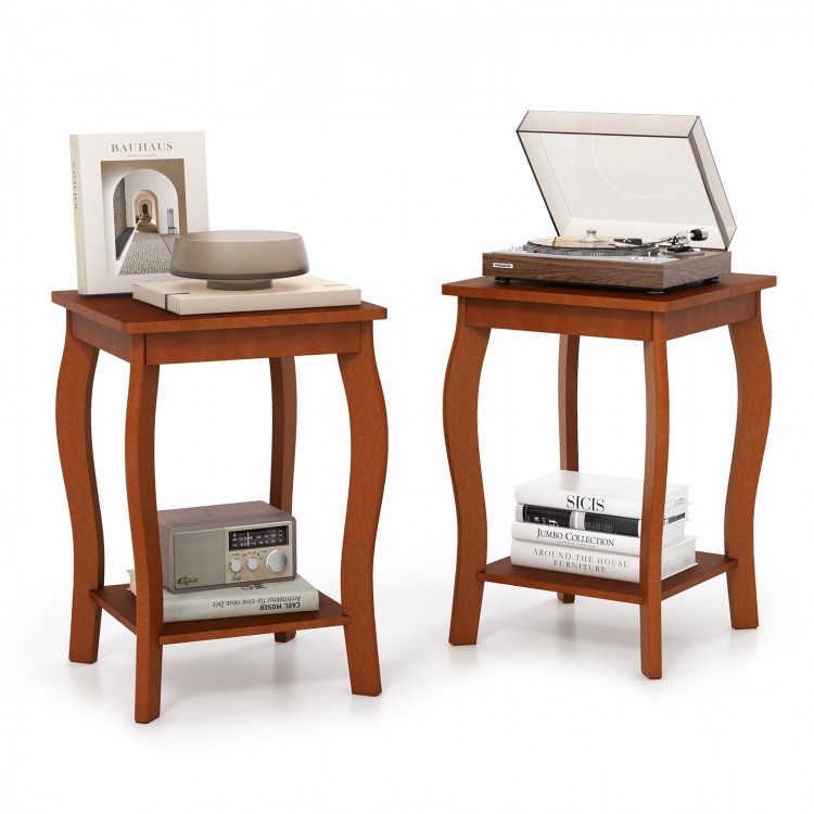 Set of 2 walnut end tables featuring a 2-tier design, ideal for lamps and books in living room or bedroom.