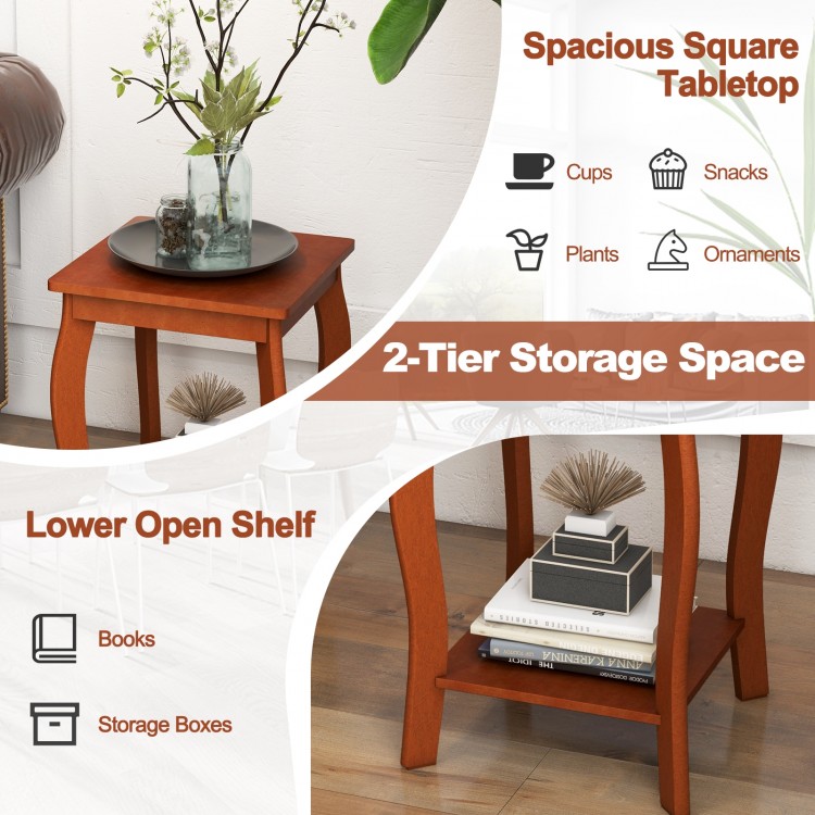 15-inch square end table in walnut with 2-tier storage, perfect for lamps, books, and decorative items in small spaces.