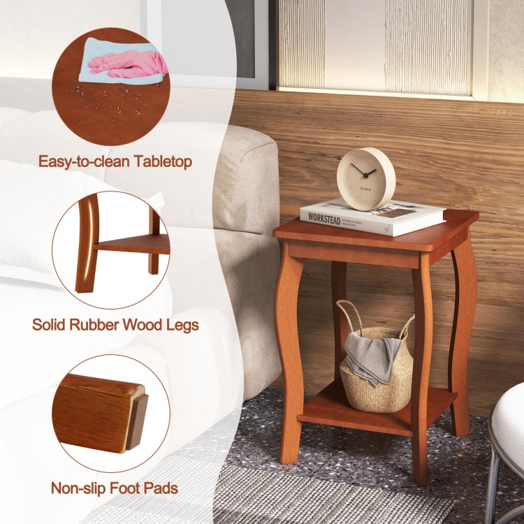 15-inch square end table in walnut with rubber wood legs, featuring a storage shelf for books and decor in a compact.