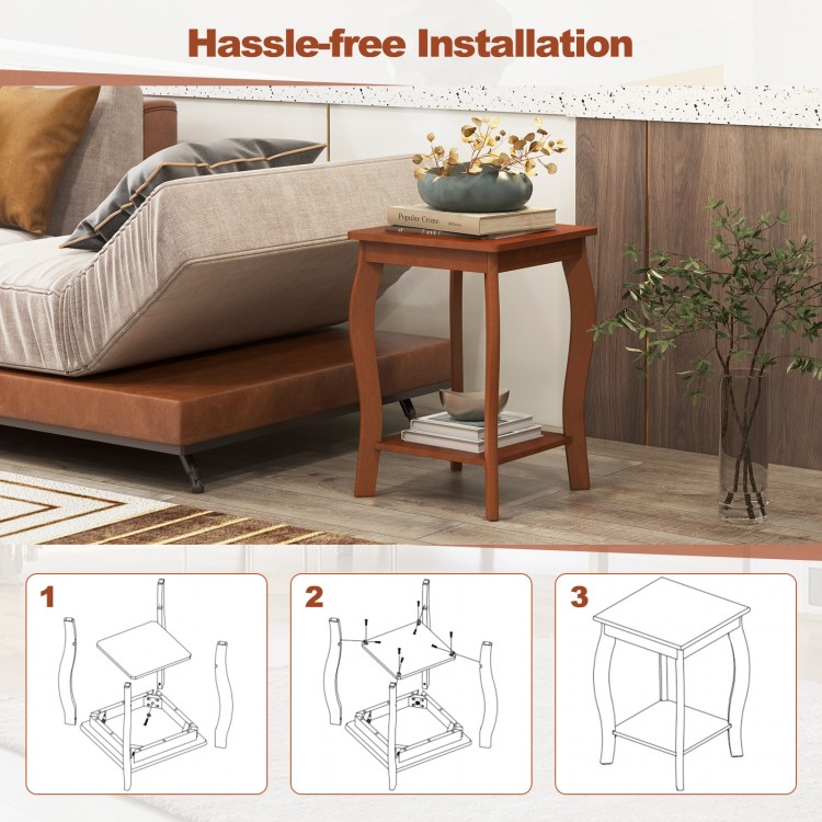 15-inch square end table in walnut with a storage shelf, perfect for living room or bedroom, featuring sturdy rubber.