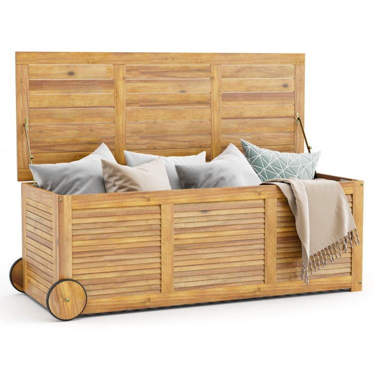 Rolling patio wooden deck box with 48-gal capacity, made of acacia wood, featuring wheels and a side handle for easy.