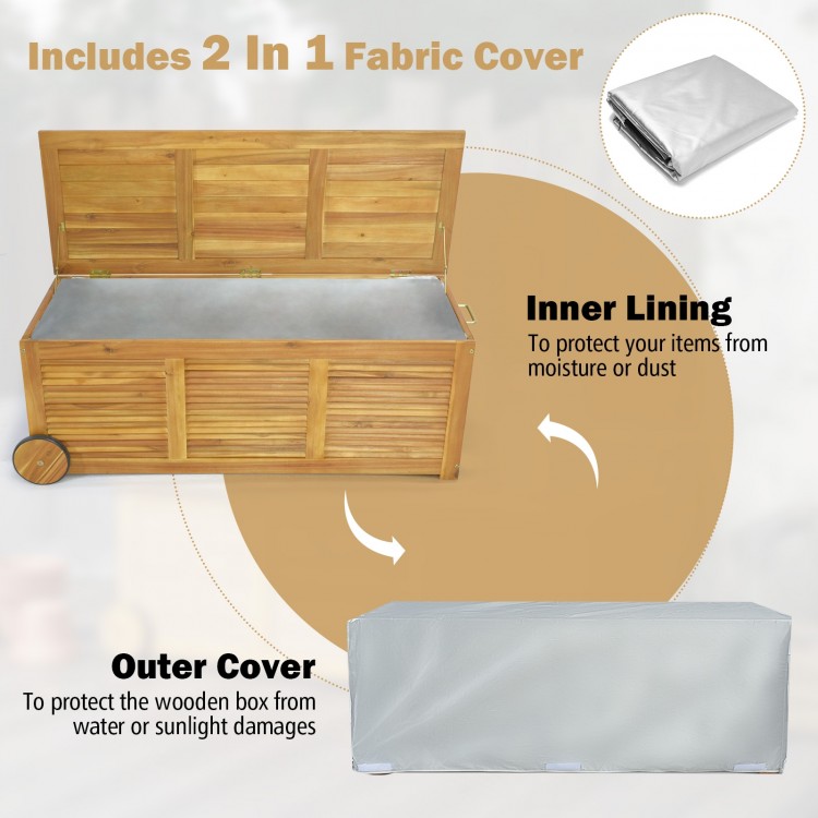 Rolling patio wooden deck box with 48-gal capacity, featuring waterproof fabric cover for outdoor storage and.