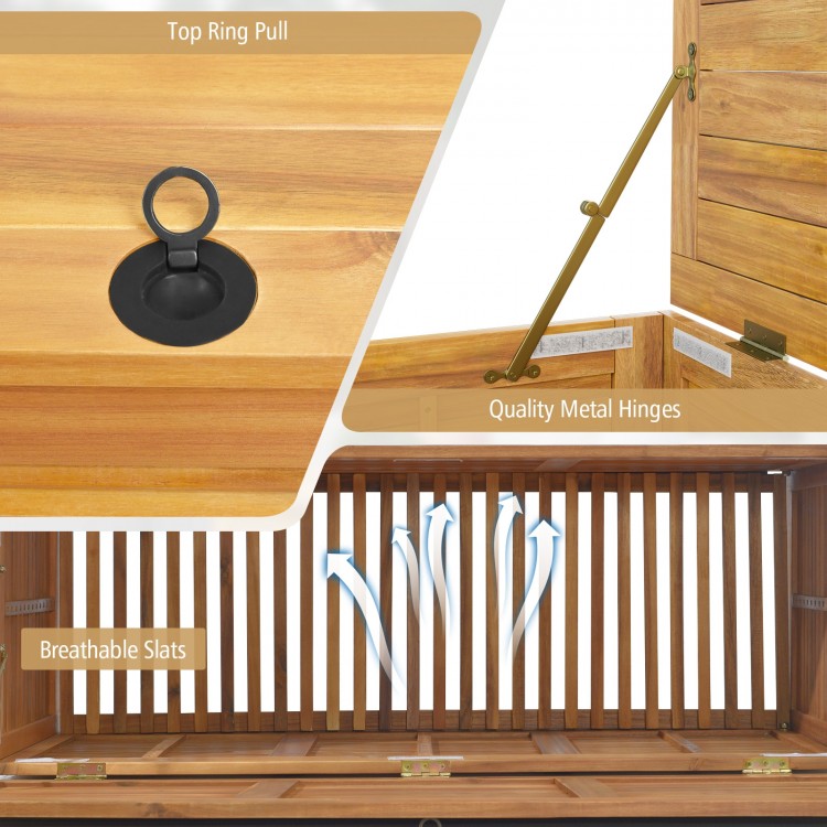 Top view of the rolling patio wooden deck box showcasing quality metal hinges and breathable slats for outdoor storage.