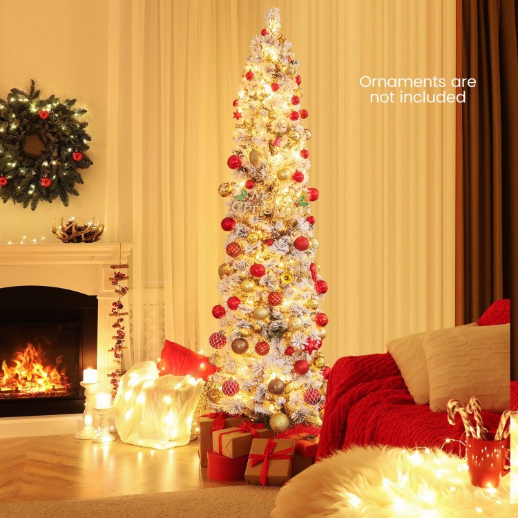 6-foot slim Christmas tree with 258 branch tips and 100 warm white incandescent lights, perfect for festive home decor.