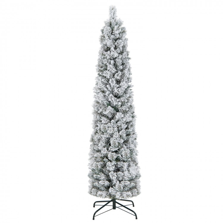 Flocked 6-foot Christmas tree with 258 branch tips and 100 warm white incandescent lights, perfect for small spaces.