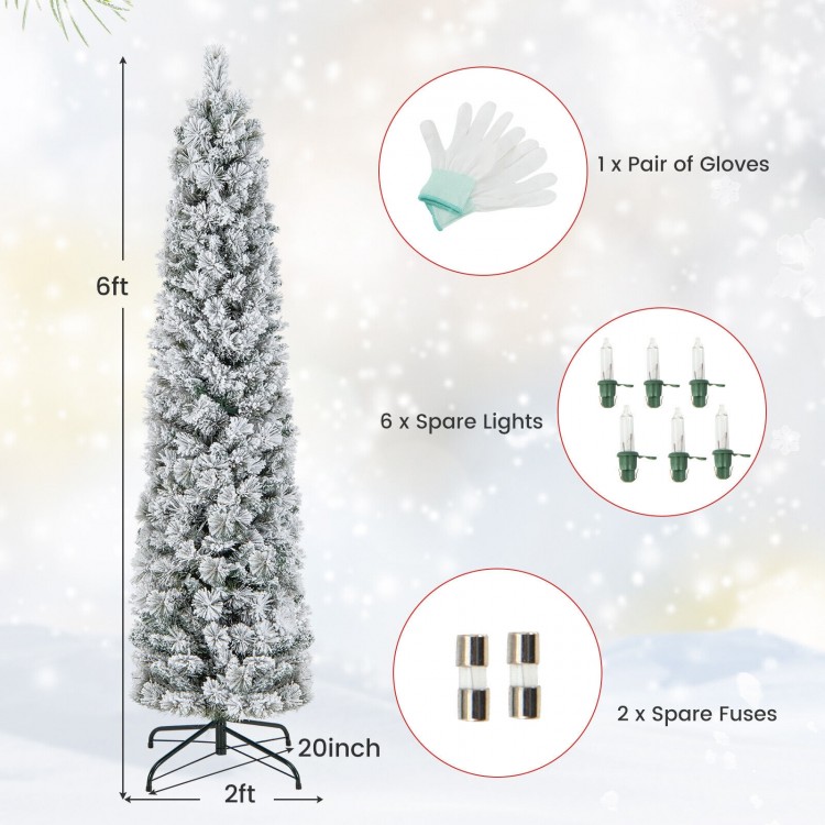 6-foot slim Christmas tree with flocked branches, 100 incandescent lights, and included gloves, spare lights, and fuses.
