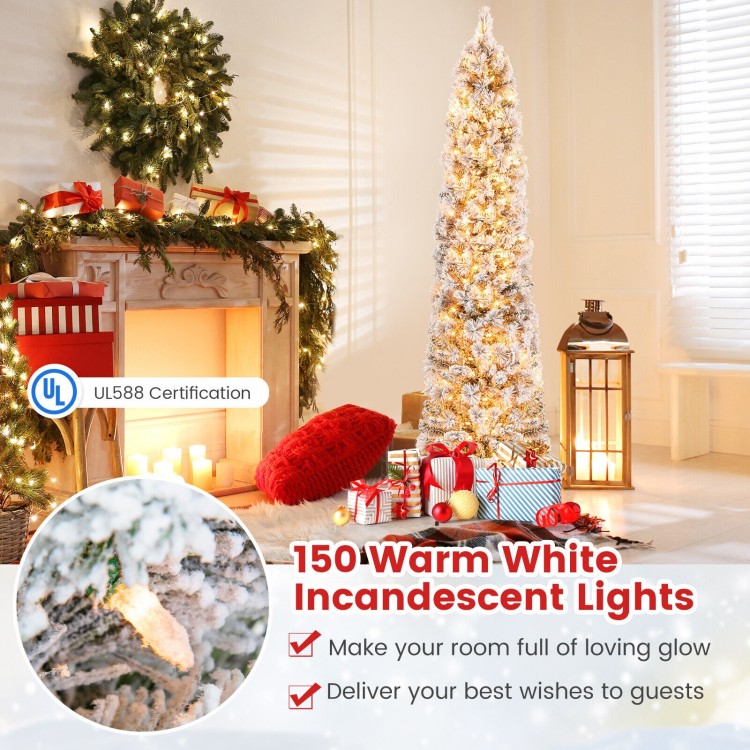 6-foot slim Christmas tree with 258 branch tips and 150 warm white incandescent lights for festive holiday decor.