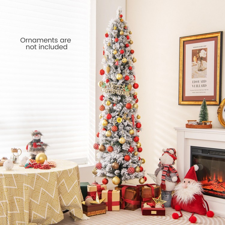 6-foot slim Christmas tree with 258 branch tips and 100 warm white incandescent lights, perfect for festive decor.