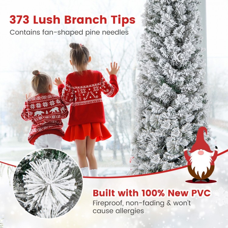 6-foot flocked Christmas tree with 373 branch tips, warm white lights, and fireproof PVC for festive holiday decor.