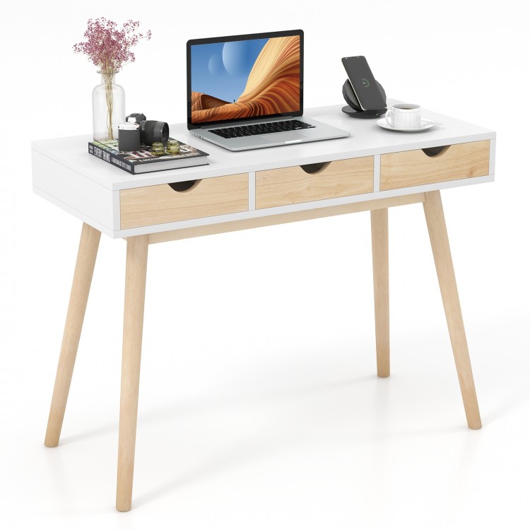 Computer desk with three drawers, solid rubber wood legs, and a wide surface for home office organization and elegance.