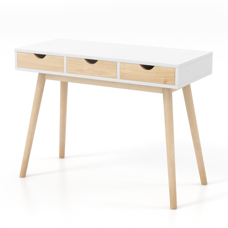 Computer desk with three drawers and solid rubber wood legs, perfect for home office organization and workspace.
