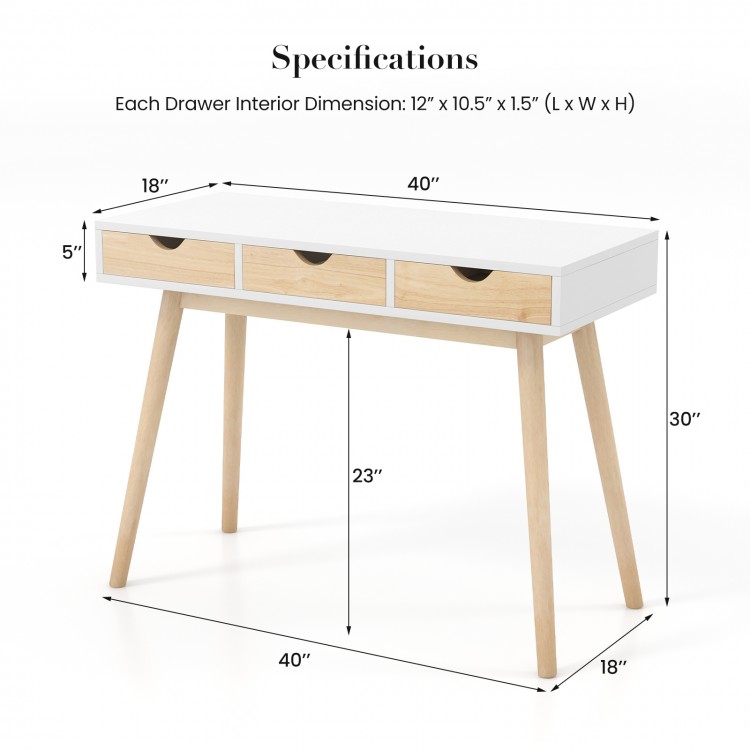 Computer desk featuring a wide white surface, three storage drawers, and solid rubber wood legs for home office use.