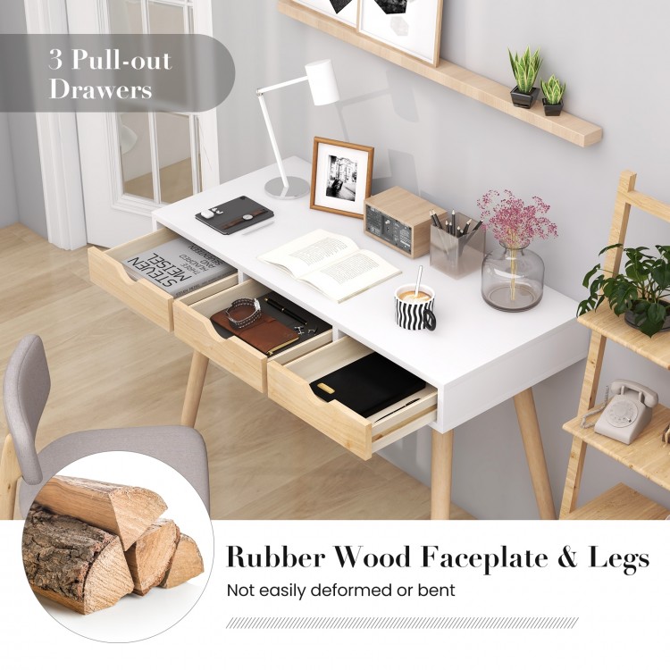 Computer desk featuring a wide surface, 3 pull-out drawers, and solid rubber wood legs for home office organization.