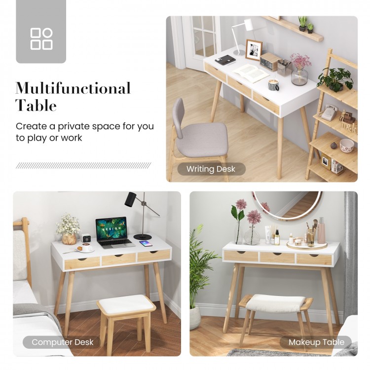 Computer desk with solid rubber wood legs and three drawers, perfect for home office or makeup use.