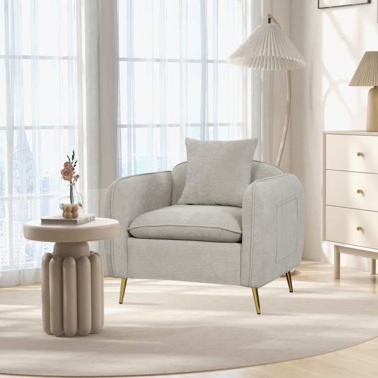 Chenille velvet accent chair in white with storage pockets, ergonomic backrest, and soft cushion for comfortable.