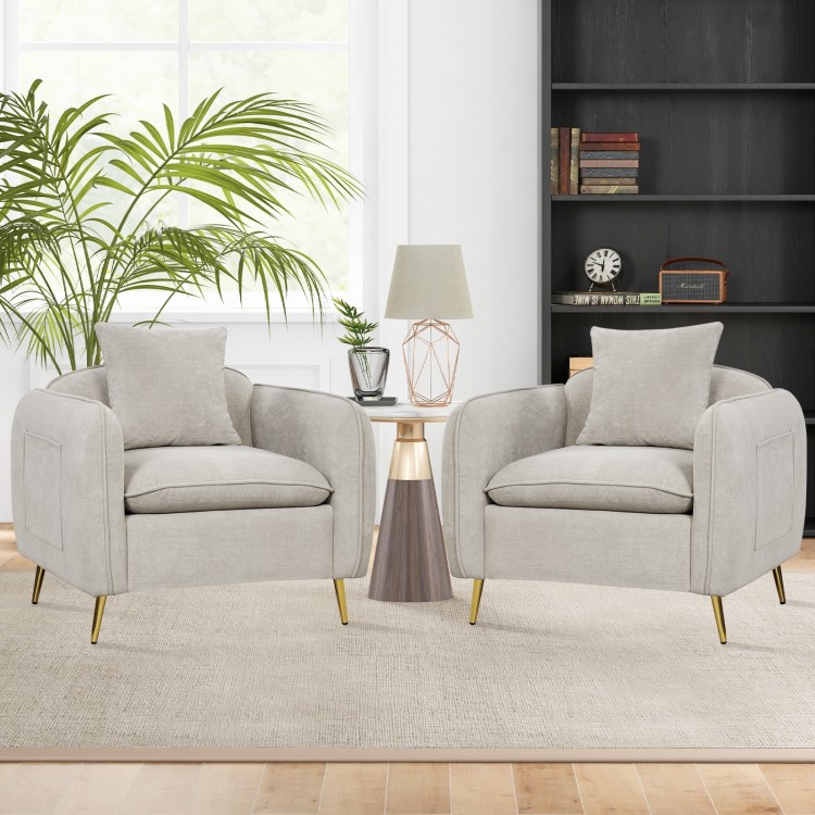 Beige chenille velvet accent chairs with storage pockets, featuring ergonomic backrests and soft cushions for comfort.