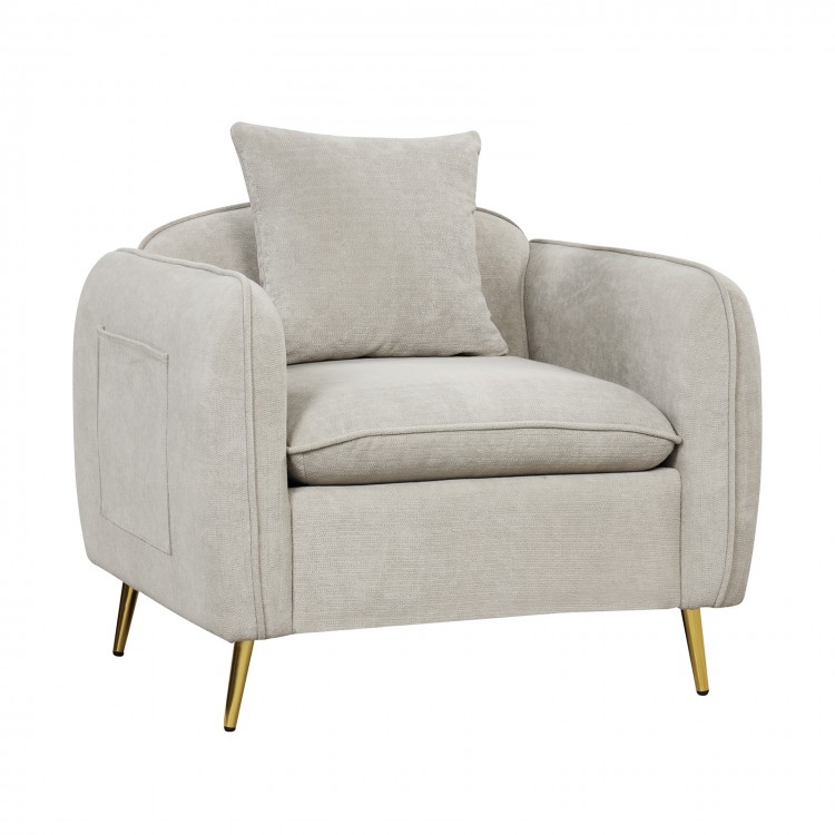 Beige chenille velvet accent chair with storage pockets, ergonomic backrest, and soft cushion for comfortable seating.