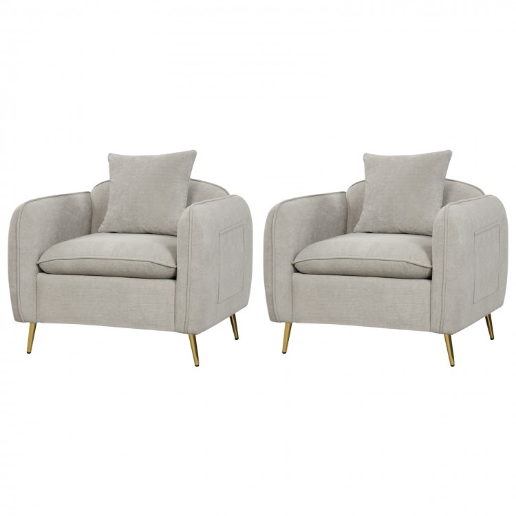 Beige chenille velvet accent chairs with storage pockets, ergonomic backrests, and metal legs for stylish comfort.