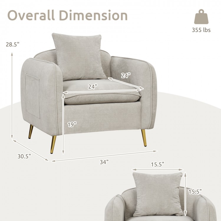 Beige chenille velvet accent chair with storage pockets, ergonomic backrest, and metal legs, ideal for living room or.