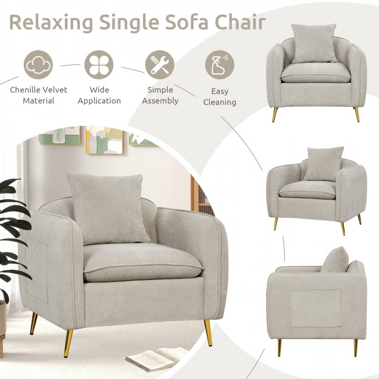 Beige chenille velvet accent chair with storage pockets, ergonomic backrest, and soft cushion for versatile home use.