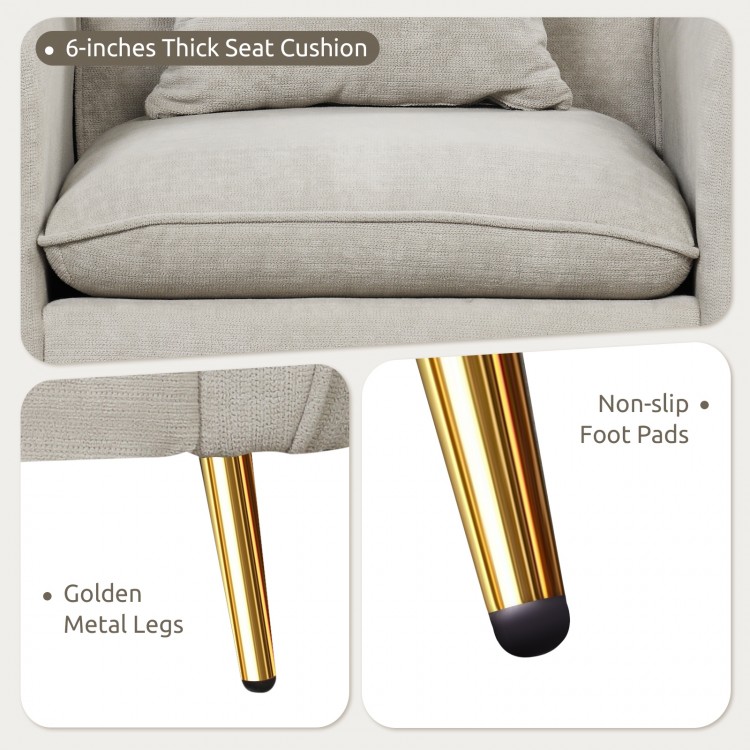 Chenille velvet accent chair in white with 6-inch thick cushion and golden metal legs, ideal for living room or office.