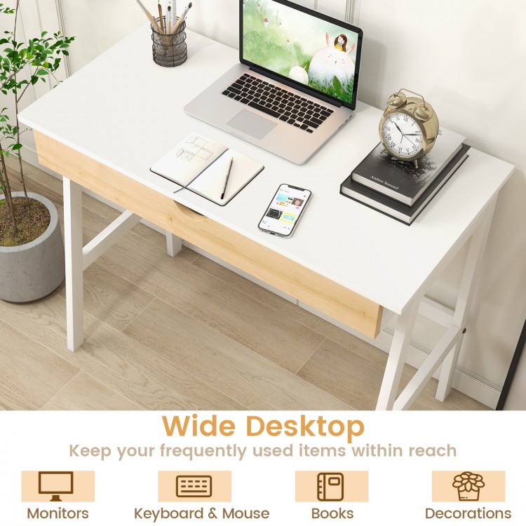 Wooden computer desk with a wide white surface and a large pull-out drawer for home office organization and elegance.