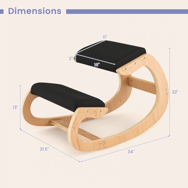 Dimensions of the wooden rocking chair with black padded seat and knee support, ideal for ergonomic seating solutions.