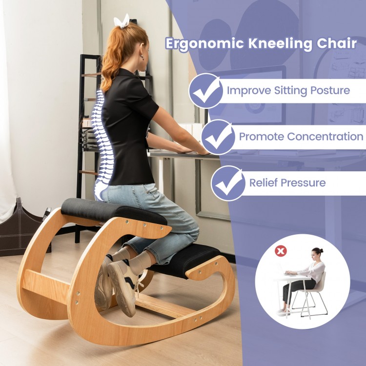 Ergonomic wooden rocking chair with padded seat and knee support, designed to improve posture and relieve pressure.
