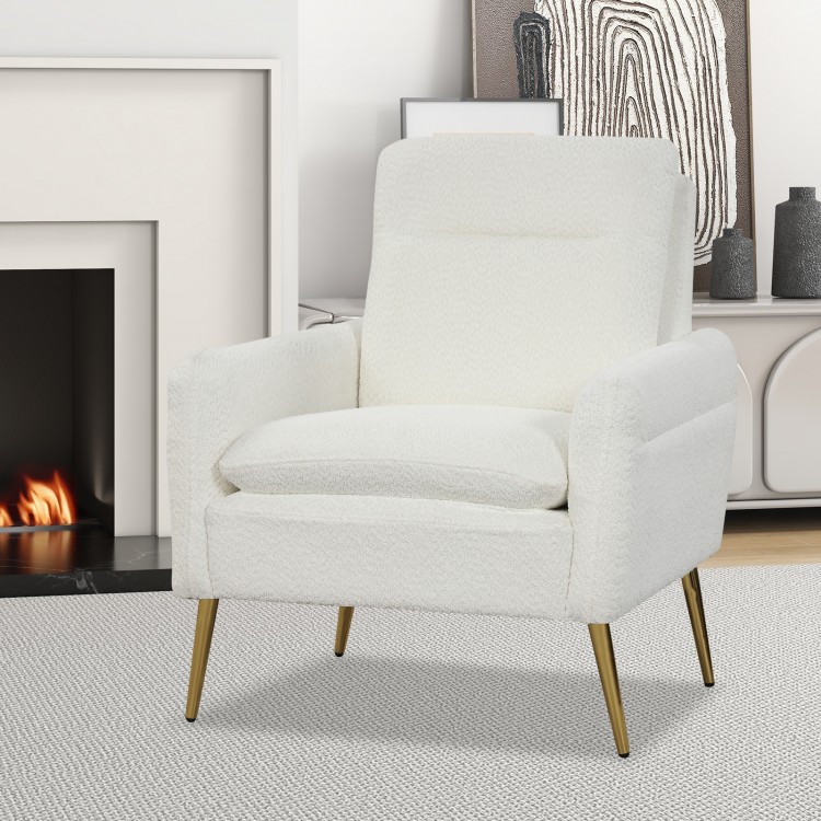 White sherpa modern accent armchair with gold metal legs, perfect for living room relaxation and stylish decor.
